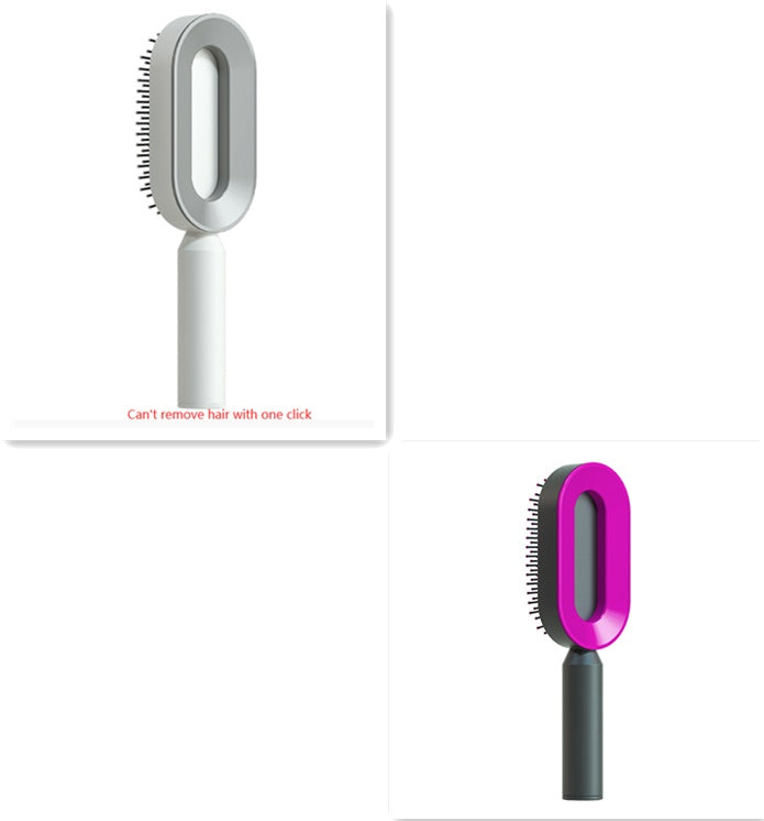 Self-cleaning hair brush with light gray oval comb head and white handle