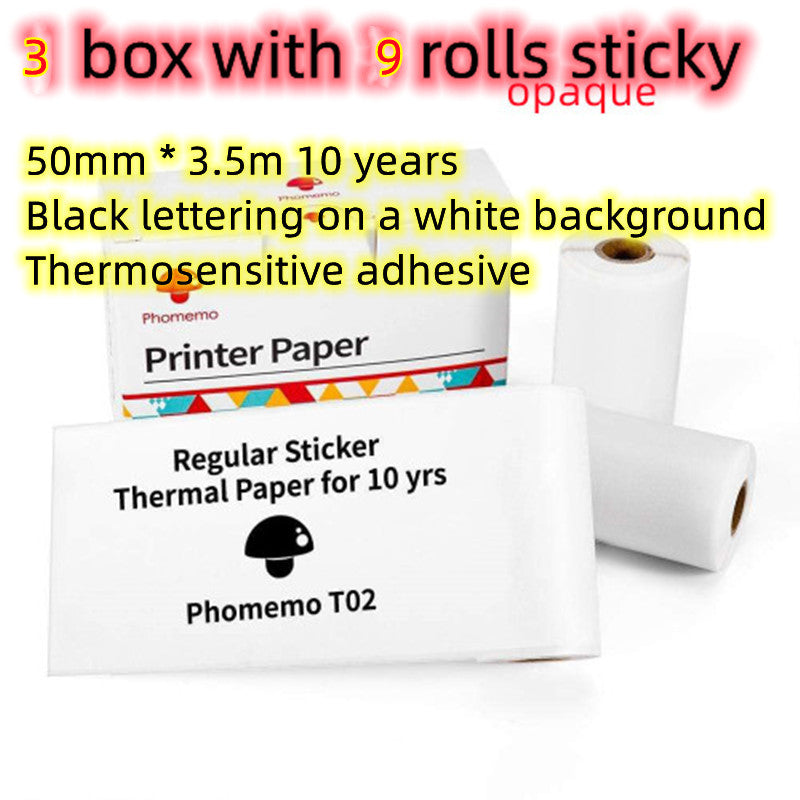 Thermal printer paper rolls in box, opaque white labels with black text