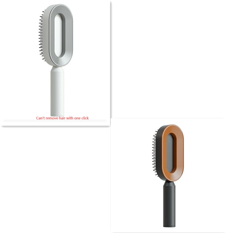 Self-cleaning hair brush with tan oval comb head and black handle