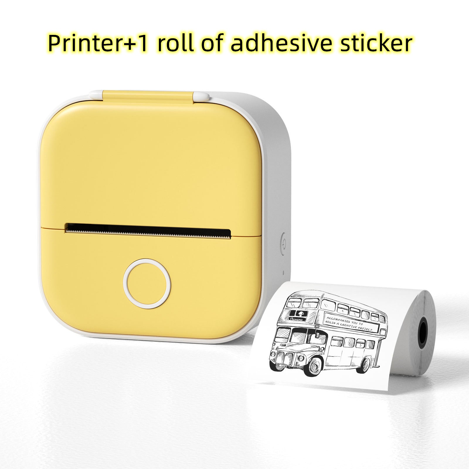 Portable mini thermal label printer with adhesive sticker roll, yellow body.