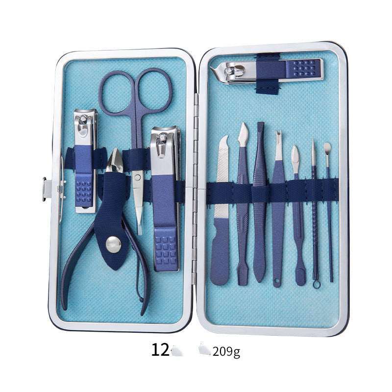 Nail care tool set in light blue zip case with scissors, clippers, and nail tools