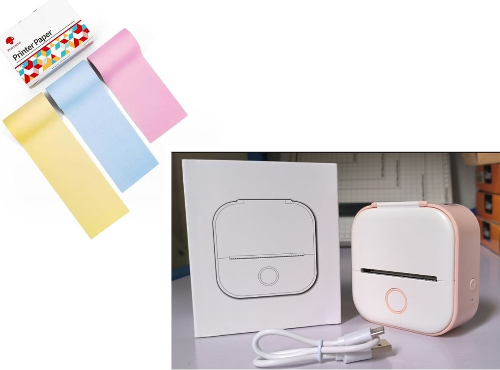 Portable mini thermal label printer with white label sheet and charging cable