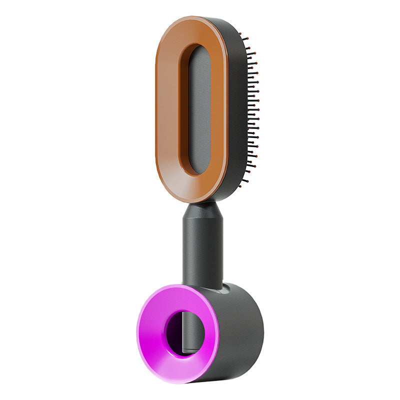 Self-cleaning hair brush with brown bristle head, grey handle, purple cleaning base