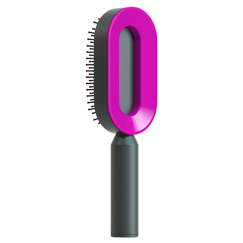 Self-cleaning hair brush with purple bristle head and grey handle