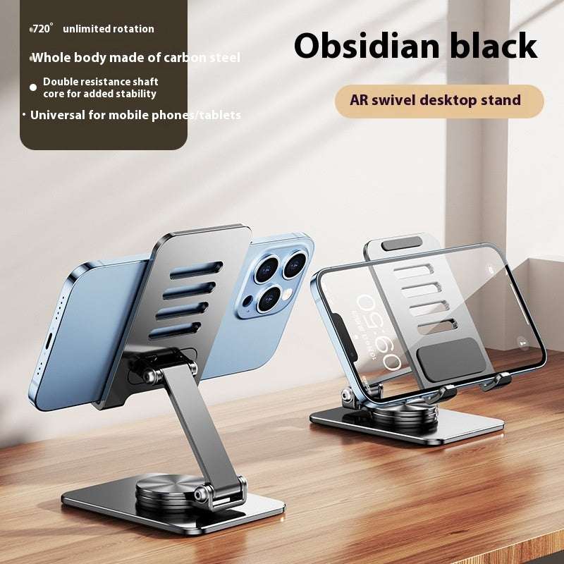 Obsidian black desktop swivel stand with metal base and phone/tablet cradle