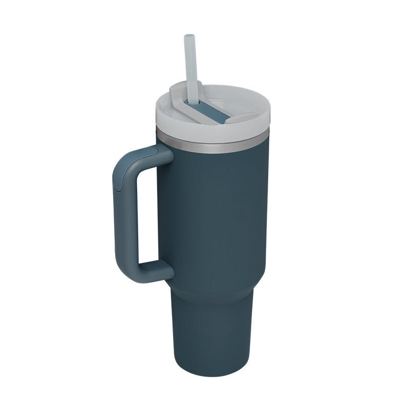 40oz insulated tumbler with handle and straw, dark teal with gray lid