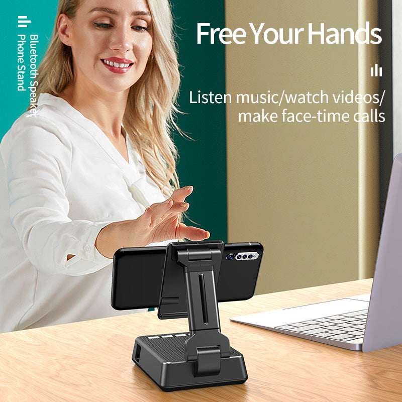 Black phone stand with Bluetooth speaker, adjustable arm, hands-free desk use