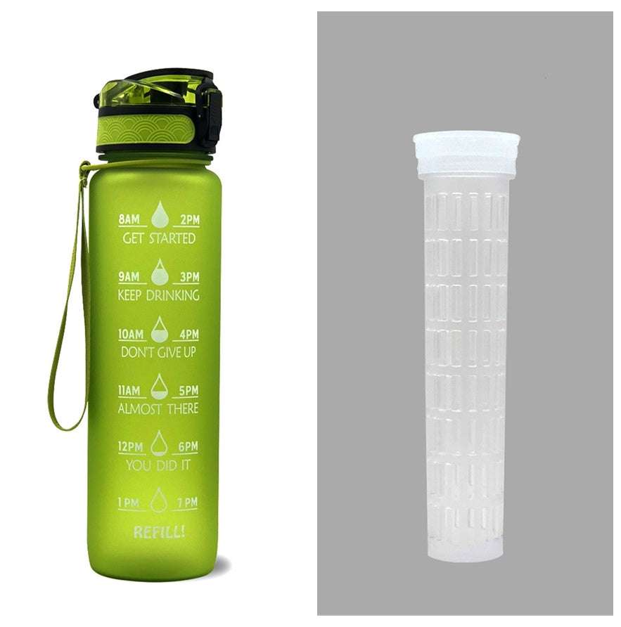 Motivational water bottle with time markers, green body, flip lid, and carry loop