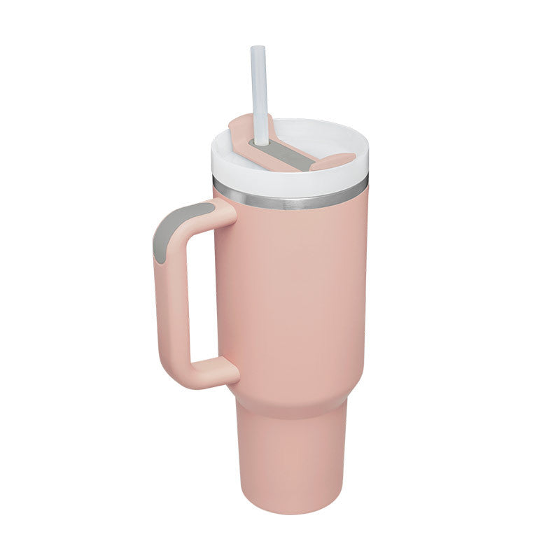 40oz insulated travel tumbler with straw and handle, light pink body with gray rim