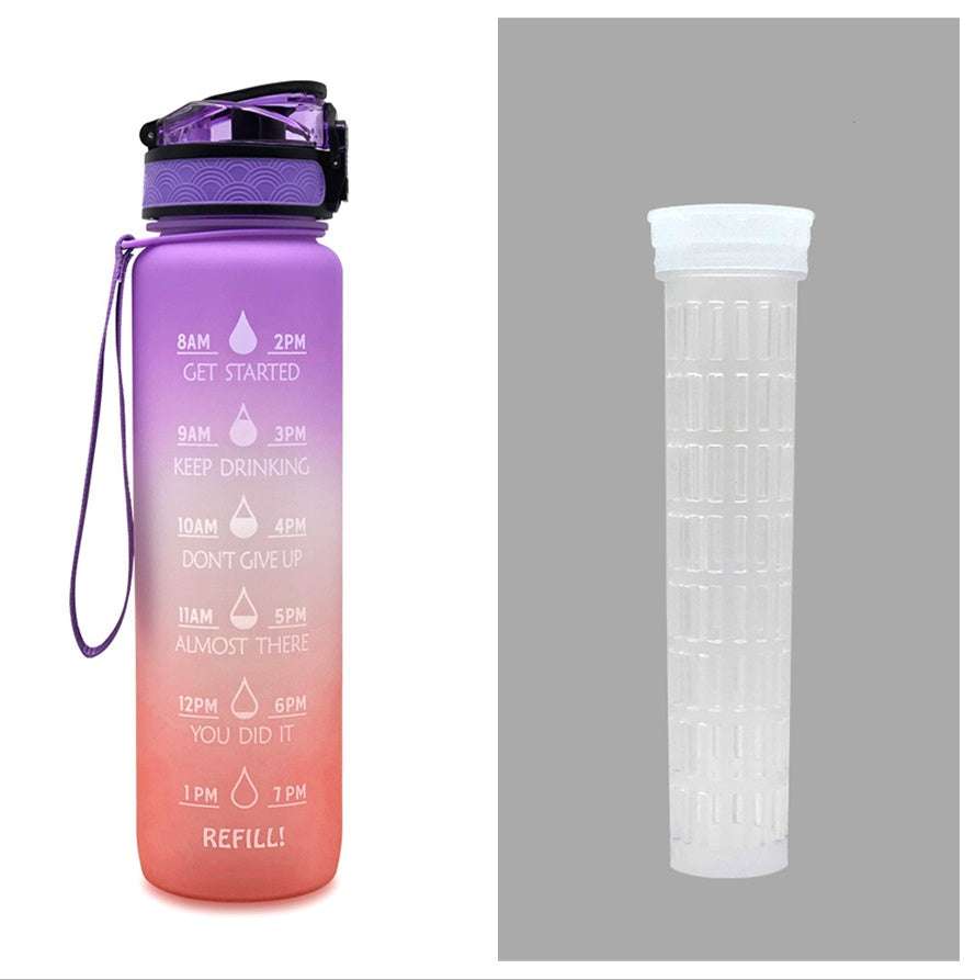 1L motivational water bottle with time markers, flip lid and wrist strap; purple-pink gradient