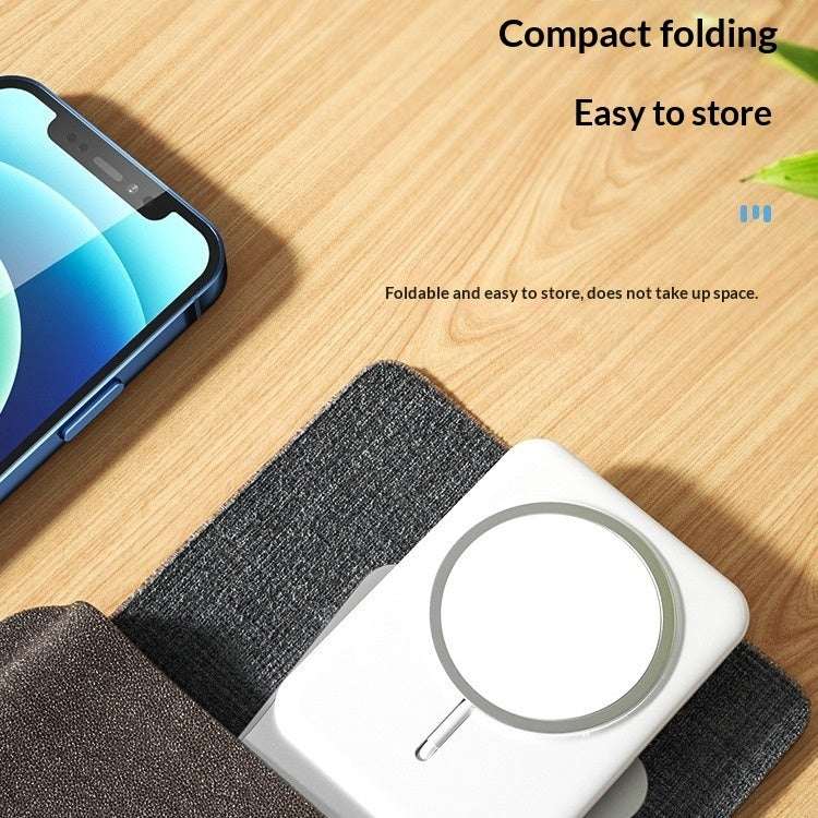 Silver magnetic wireless charging stand with circular charging coil and foldable base
