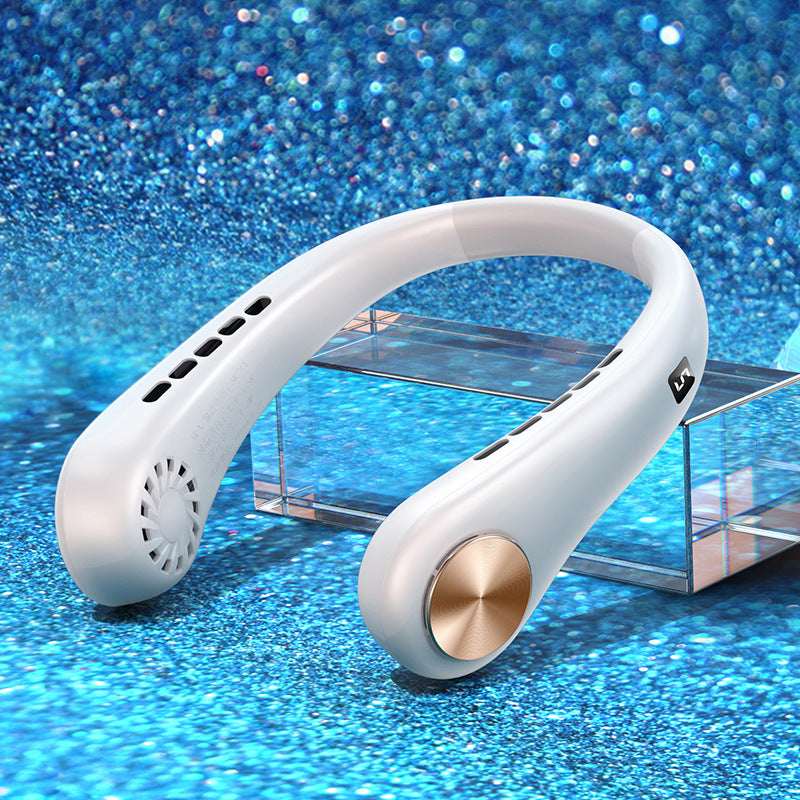 White bladeless portable neck fan with arched ring and gold-toned control knob